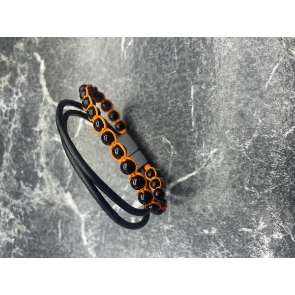 Black Orange Boncuklu Deri Bileklik
